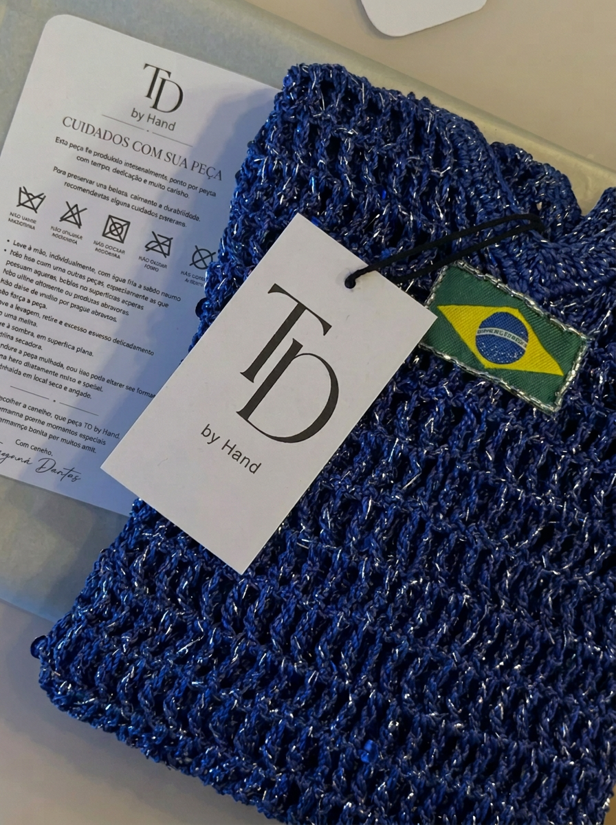 Assinatura TD by Hand — Cada peça sai do atelier com etiqueta, bandeira do Brasil e cartão de cuidados